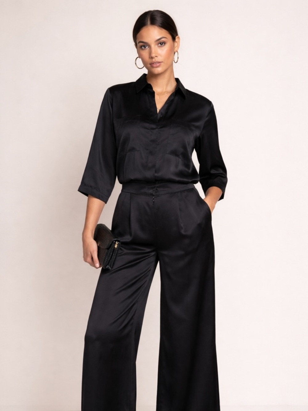 NWT Catherine Gee Black Vivienne Utility Silk Charmeuse Jumpsuit Sz Medium